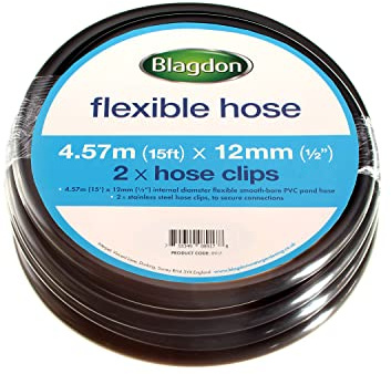 Blagdon Flexibler, verstärkter Teichschlauch, 4,57 m x 12 mm Innendurchmesser, glatte PVC-Teichschläuche, inklusive 2 Edelstahl-Schlauchschellen, robuster und starker Schlauch, schwarz