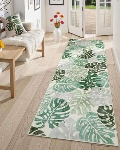Wonnitar Waschbarer Teppichläufer mit Blättern, tropisches Grün, Küchenteppich, rutschfeste Monstera-Pflanze, fusselfrei, niedriger Flor, Akzentmatte für Flur, Schlafzimmer, Schrank