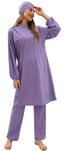 OBEEII Damen Muslimische Badeanzug Islamische Arabische Langarm Schwimmoberteile+Badehose+Hijab 3tlg Burkini Schwimmanzug Badeanzug Violett M