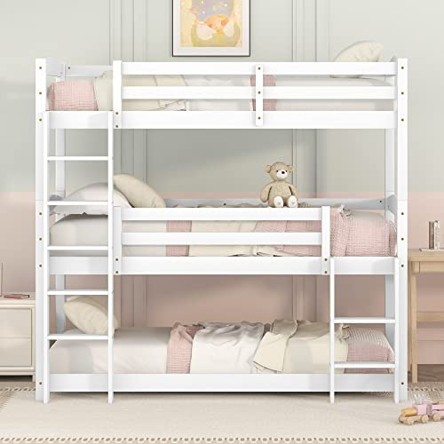 KecDuey 90x200cm Stockbett,Dreier Etagenbett für Kinder, DREI Abnehmbar in Einzelbett, Jungenbett Gästebett aus Kiefern (Weiß)