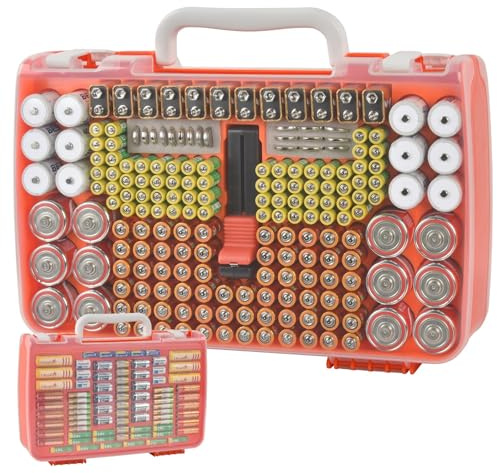 Battery Organizer Storage Holder Case with Double-Sided, Garage Box with Tester Checker. Batteries Container for 269pcs AA AAA AAAA 3A 4A 9V C D Lithium 4LR44 CR2 CR123A CR1632 CR2032 18650 - Orange