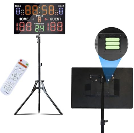 Ousmile Electronic Scoreboard, Battery Powered Digital Scoreboard with Remote, Basketball Scoreboard with Custom Shot Clock, 12/14/24/30S Countdown Timer Clock Score Keeper for Indoor Outdoor
