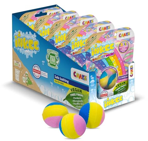 INKEE RAINBOW Komplettes Verkaufsdisplay, 15x Kinder Badebomben, Regenbogen Badekugeln mit verschiedenen Farbschichten und Marshmallow-Duft, mit Mandelöl
