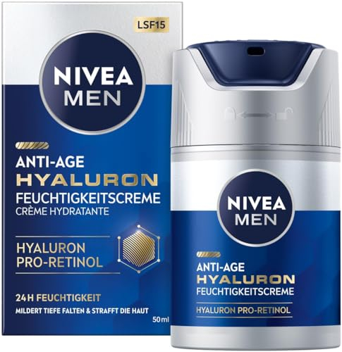 NIVEA MEN Crema idratante ialuronico anti-età, cura del viso con acido ialuronico, pro-retinolo e SPF 15, crema viso per 24 ore di umidità e rughe visibili (50 ml)