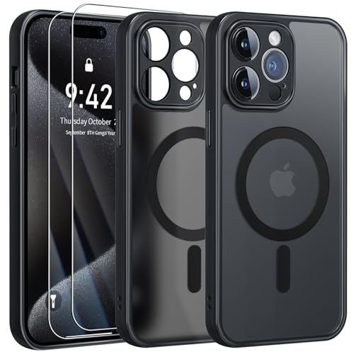 FLLAO Cover Magnetica per iPhone 15 Pro Custodia e 2 Pellicole in Vetro Temperato, Cover iPhone 15 Pro Magsafe, Custodia Traslucida Opaca Posteriore Sottile Antiurto Protettiva Case, Nero