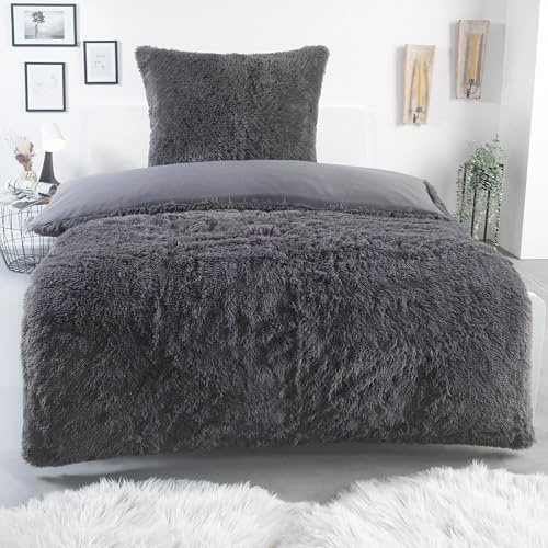 BaSaTex Winter Bettwäsche Set, 2-TLG., 135x200, Kunstfell Anthrazit | Warm und Kuschelig, Öko_Tex Zertifiziert, Reißverschluss, Flauschig Anschmiegsam, Feuchtigkeitsregulierend