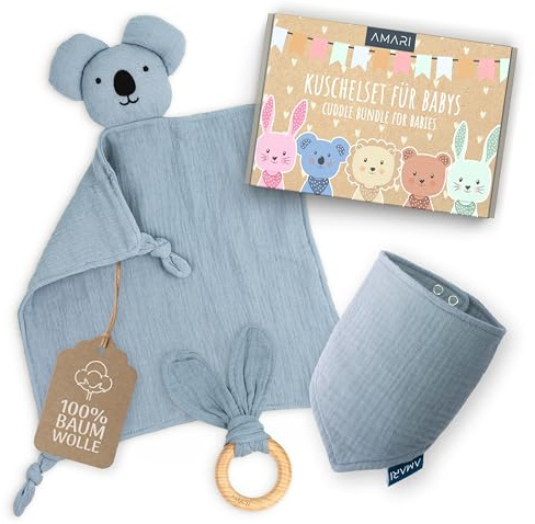 AMARI ® Panno per le coccole con tettarella e bavaglino, regali ideali per la nascita per bambini e bambine - regalo per neonato - set di regali in panno per coccole per la festa del bebè