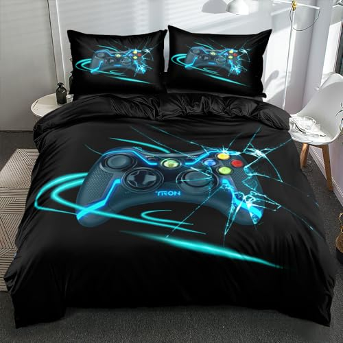 Boqingzhu Bettwäsche 135x200cm Gamer Gamepad Spiele Jungen Schwarz Blau Wende Bettwäsche Set 3D Druck Microfaser Bettbezug und Kissenbezug 80x80cm mit Reißverschluss