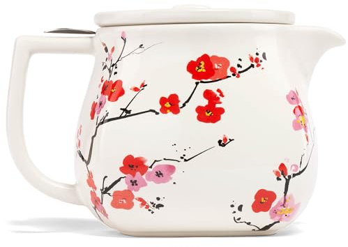 Tea Forte Fiore Théière en céramique avec infuseur et couvercle, Sakura, 710 ml, pour infuser le thé en vrac, passe au lave-vaisselle et au micro-ondes