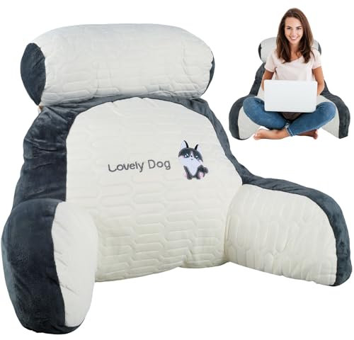 Jokapy Coussin de Lecture pour Lit, Oreiller de Lecture pour Lit Confortable, Dossier Oreiller Lombaire avec Accoudoir, Coussin de Dossier Détachable pour Lecture et Relaxation(Émulsion (L),Husky)