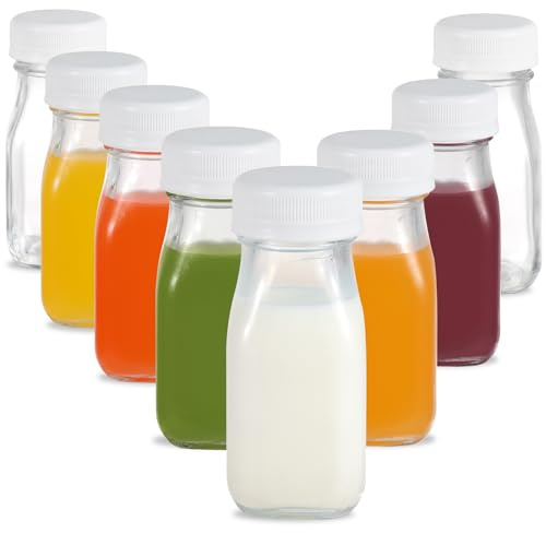 LIMILI 8 pack 100ml Small Glass Bottles with Lids, Dairy Reusable Clear Glass Shot Bottles Drinking for Milk Juice Homemade Beverages Picnics Travel School