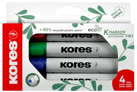 Kores Eco K-Marker XW1- Whiteboard-Marker mit Rundspitze, Set 4 Farben: schwarz, blau, rot, grün, Plastikteile aus 90% recyceltem Material