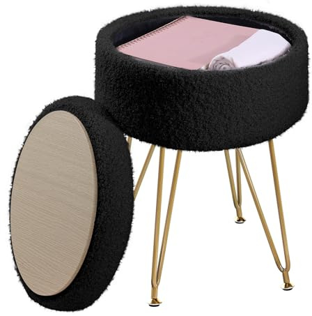 ABHENG Runder Sitzhocker, Teddy Samt Fußhocker mit Stauraum, Hocker Schminktisch, Polsterhocker, Schminkhocker, 32x32x44cm, Tinte Schwarz, ASND51B