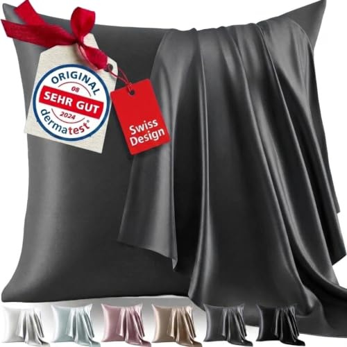 Welldora Kissenbezug 80x80 | 100% Seide 22 Momme | Bettwäsche Schiefergrau | Luxuriöser Seidenkissenbezug aus Maulbeerseide | Höchste Güteklasse 6A, sanft zu Haut & Haar | OEKO-TEX zert. in der Schweiz