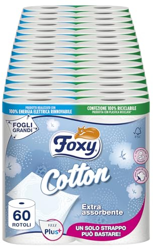 Foxy Cotton | Carta Igienica 5 Veli | 60 Rotoli, 115 Strappi per Rotolo, Fogli Extra Large, con Vere Fibre di Cotone | Certificazione FSC, 100% Energia Elettrica Rinnovabile, Confezione Riciclabile