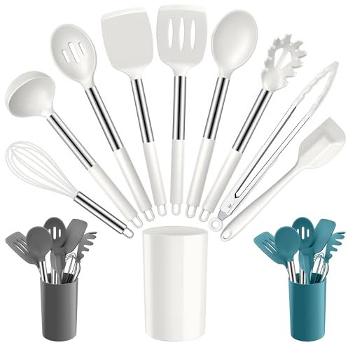 Joyfair Kitchen Utensils Set, 10 Pcs Silicone Cooking Utensils Set with Stainless Steel Handle, Heat Resistant Cooking Tools Spatula Turner Spoon with Holder, Dishwasher Safe & Non Scratch, White