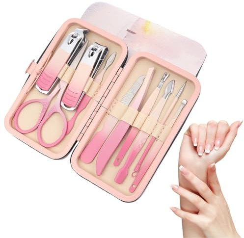 FENQURO Kit Manucre Pedicure, 10 pcs Ensemble de Coupe-Ongles Professionnel, Coupe-Cuticule en Acier Inoxydable, Kit de Manucure de Pédicure avec Boîte de Voyage et Maison Exquise (rose)