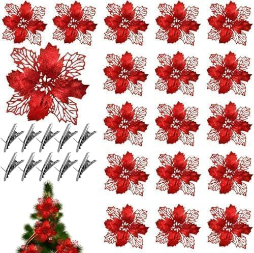 AsyinXson 20 Stück Kunstblumen, Weihnachtsstern Künstlich Deko Blumen, Glitzer Deko Weihnachtsblumen, Baumschmuck Weihnachten, Neujahr Ornamente,für Hochzeit Weihnachten Party Dekoration(Rot)
