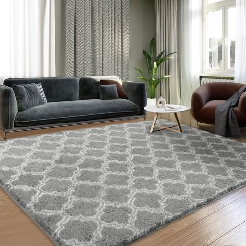 Puremy Tappeto in peluche, 9,6 x 15,2 cm, tappeto a pelo alto per soggiorno, ultra morbido, per camera da letto, camera dei bambini, stanza dei giochi, decorazione per la casa, geometrico, grigio