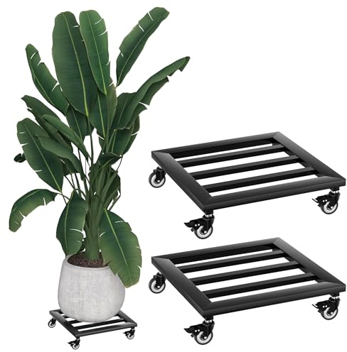 YRHome 2 Stück Pflanzenroller Metall Blumenroller Schwarz für Außenbereich & Innenbereich Blumentopf Untersetzer mit Rollen Pflanzen Caddy mit Rädern Pflanze Roller Basis - Quadrat 30cm - Bis 160KG