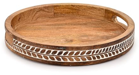 Indus Lifespace Plateau décoratif rond en bois de manguier vintage avec poignées pour servir des boissons et des aliments (30,5 x 30,5 x 4,1 cm)