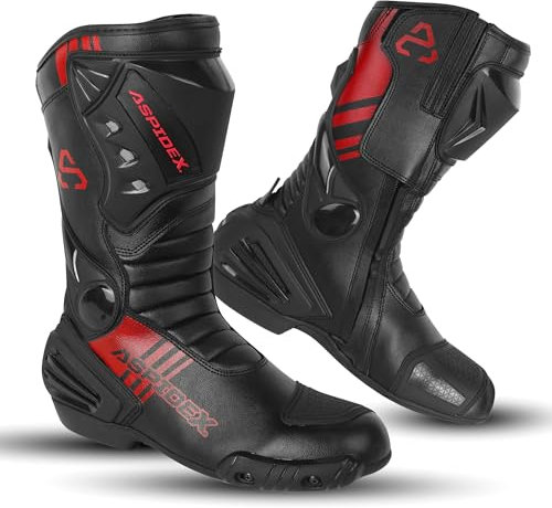 ASPIDEX Uni-Motorradstiefel aus Leder mit verstärkten Protektoren, rutschfester Sohle und Reißverschluss und Klettverschluss, rot, 43 EU