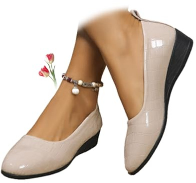 Zapatos de cuero ligeros para mujer, cómodos, con soporte de arco, de cuña, sin cordones, de tacón bajo, para el trabajo, bailarina, mocasines, beige, 39 EU
