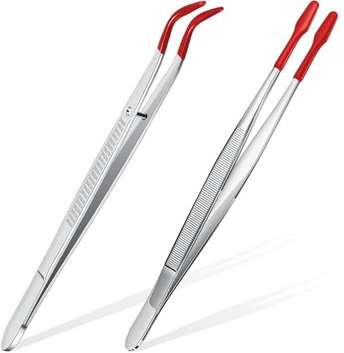 2 Pcs Long Tweezers,Tweezers for Crafting, Coated Flat Tip Stainless Steel Forceps Non Marring Pincettes for Stamp Coins Jewelry Industrial Electronic Hobby Craft Tools