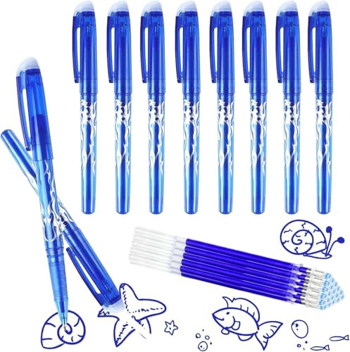ROTKUSZ Radierbarer Kugelschreiber, 10 Stück Blau Radiergummi Stift, 0.5mm Nachfüllbarer Radierstift, Tintenroller Radierbar, Gelschreiber Radierbar