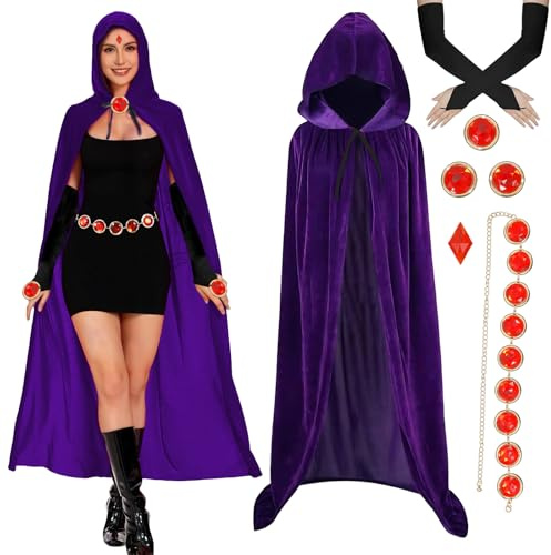 SINSEN Costume de corbeau Titans 5 pièces pour femme adulte - Cape violette - Cape de sorcière - Cape - Ceinture - Gants en velours rouge - Cosplay - Costume d'Halloween pour fête, carnaval, festival