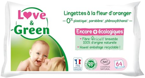 LOVE & GREEN – Lingettes Bébé Douces et Parfumées à la Fleur d'Oranger, Fibres Naturelles Biodégradables (Paquet 64) - Le lot de 3