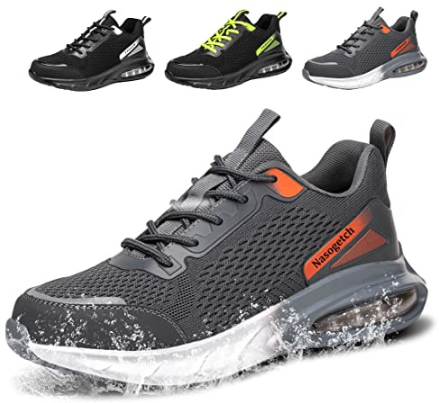 Zapatos de Seguridad Hombre Mujer Impermeable Ligeras Zapatillas de Trabajo con Punta de Acero Comodo Calzado de Seguridad Transpirable Antideslizante 36-76 EU Gris EU 44