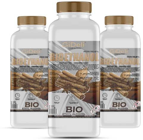 GiDeli Bioéthanol - 3 x 1 l - Parfum cannelle - 96,6 % d'éthanol - Pour intérieur et extérieur - Sans fumée et suie - Fabriqué à partir de maïs et de betterave sucrière