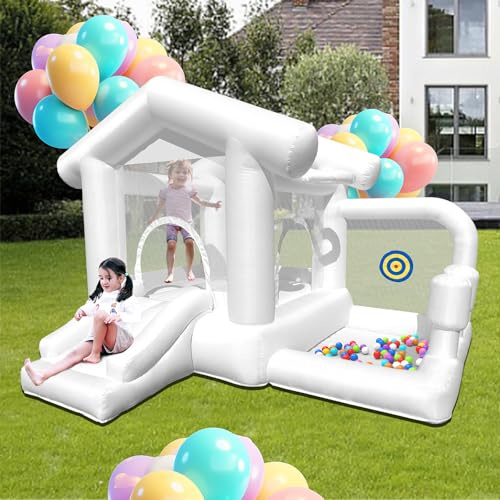 Inflatable White Bounce House, White Bouncy Castle for Kids 3-10 Ages, Indoor & Outdoor Jumping Castle with Air Blower for Kids Birthday Party Wedding Party