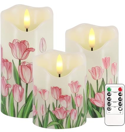 Justup LED-Kerzen, 3 Stück Frühling Tulpe Flammenlose Kerzen | Flackernde Kerzen mit Fernbedienung, Timer, Dimmbare Säulen Kerzenlicht Batteriebetrieben, Elektrische Kerzen für Osterndekor