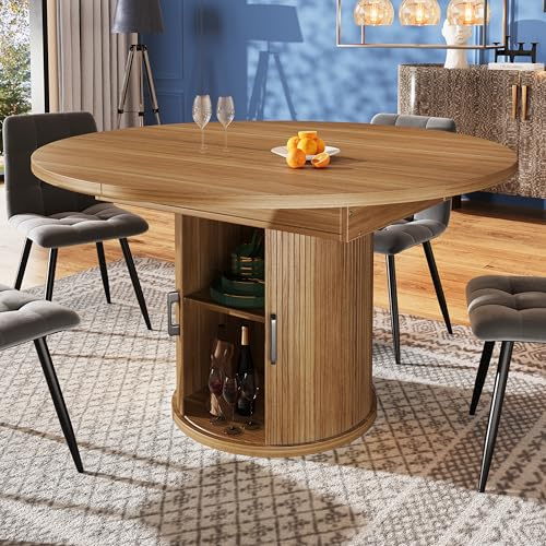 Qsddk Runder Esstisch Ausziehbar, Holztisch, Walnut | Für Küche und Wohnzimmer, Esstisch Rund, Tisch, Großzügiger Stauraum, Für bis zu 6 Personen, Schreibtisch