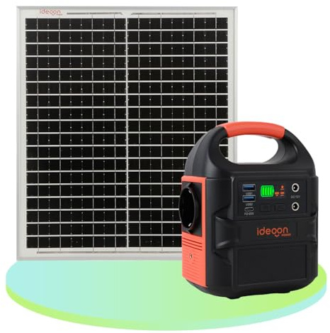 ideoon Mobiles Powerstation Set 88,8Wh mit 20W Solarmodul, 230V Steckdose, 100W, USB-C PD 65W, Solargenerator mit LED-Leuchte für Camping & Outdoor