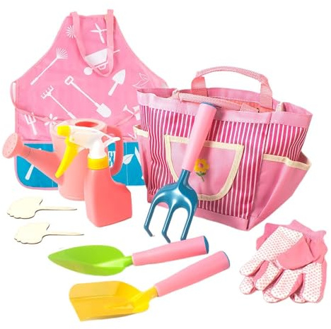 Chdnhe Kinder Gartengeräte Set 8-teilig, Echtes Metall Kindergartengeräte mit robuster Tasche & Gießkanne, ergonomisches Gartenwerkzeug Lernspielzeug Geschenk für Kleinkinder, Junge & Mädchen, Rosa