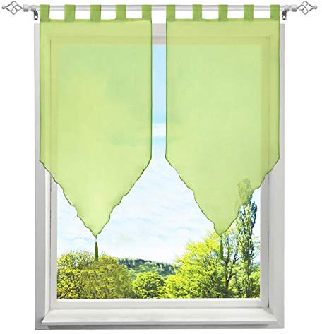 BAILEY JO 2 Pièces Rideaux Voilages Brise-bises Transparent LxH/45x90CM Couleur Uni avec Pompon Décoration de fenêtre Chambre Cuisine Café (Vert-Pattes)