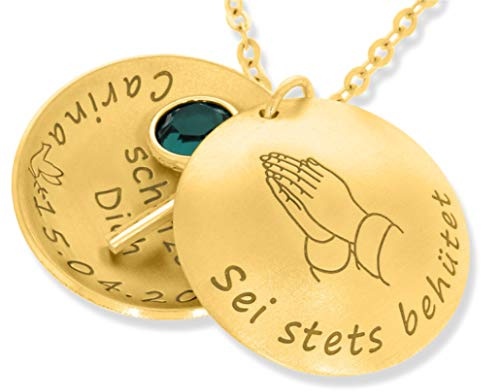 Taufkette 925 Silber Gold Medaillon Geburtsstein Kreuz mit Gravur Taufmedaillon Taufschale Silberkette zur Taufe Taufgeschenk für Patenkind Mädchen Gott schütze dich