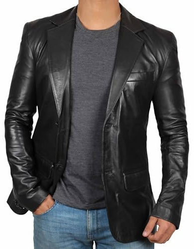 fjackets Herren-Lederjacke – Blazer aus echtem Lammleder, gekerbter Kragen, Sportmantel für Herren, Schwarz , 3XL