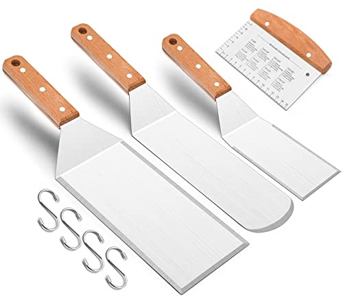 Leonyo Metall Spatel Set von 8, Edelstahl Grillzubehör - Grill Spatel Schaber für Flat Top Gusseisen Teppanyaki Grill BBQ, Pfannkuchen Flipper Hamburger Turner Utensil, Geschenk für Männer Frauen