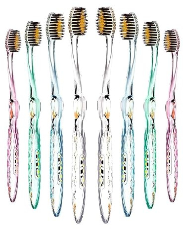 Nano-b Handzahnbürsten-Set für Erwachsene mit empfindlichem Zahnfleisch, Gold & Kohle, weiche/mittlere Borsten, Reiseetui, Blau, Rosa, Grün, Kristall, 8er-Pack