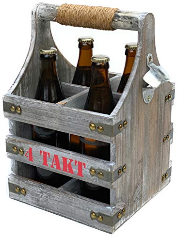 DanDiBo Bierträger mit Flaschenöffner Flaschenträger 4 Takt 96034 Flaschenkorb aus Holz 4er Bier