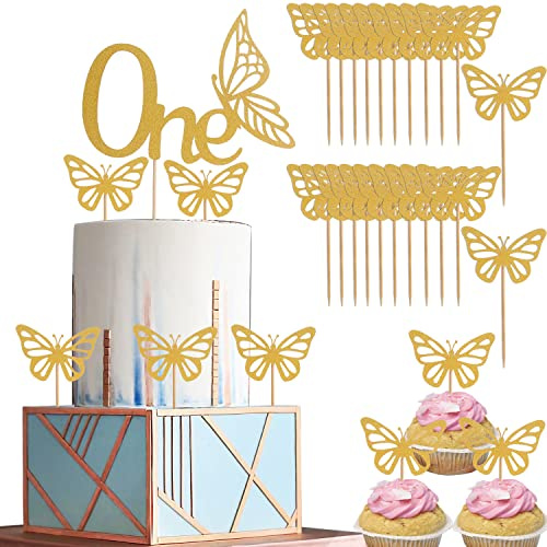 One Butterfly Cake Toppper Set - Gold One Butterfly Cake Topper and 30 Cupcake Topper For 1st Birthday Party Decoration, Gold Glitter Baby Shower Party Cake and cupcake Decoration Supplies