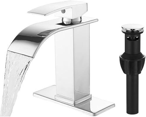 Bathfinesse Robinet de salle de bain cascade à poignée unique en acier inoxydable avec assemblage de vidange d'évier et support de plateau, chrome poli
