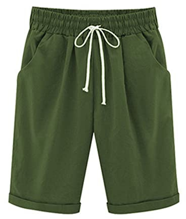 Womens Half Pants Plus Size Knee Length Cotton Linen Shorts with Pockets Summer Solid Beach Vacation Shorts Ladies Straight Leg Trousers Drawstring Elastic Waist Bermuda Shorts Casual Work Shorts
