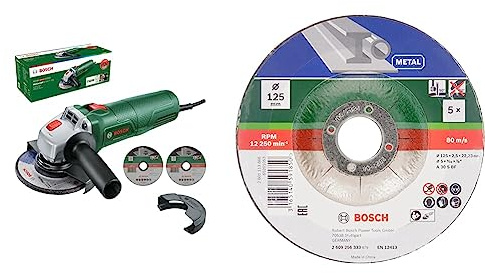 Bosch kompakter Winkelschleifer UniversalGrind 7-125 (750 W; 2x Trennscheiben; 1x Schleifscheibe; im Karton) + 6 x Trennscheiben (Metall, Passend zu handgeführten Winkelschleifern Ø 125 mm, Zubehör)