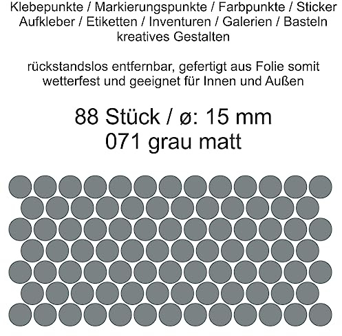 Aufkleber Etiketten Klebepunkte aus Folie 88 Stück grau matt rund 15 mm selbstklebend farbig wetterfest Decal Markierungen Organisieren DIY basteln verzieren Modellbau Scrapbooking