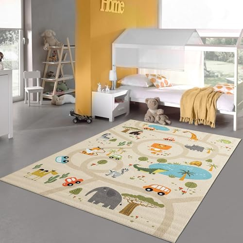 Teppich-Traum Kinderteppich Safari Tiere Straßen Beige 240x340 cm | Pflegeleicht, rutschfest, strapazierfähig und allergikergeeignet, mit Löwen, Elefanten, Zebras, Krokodilen und Straßen